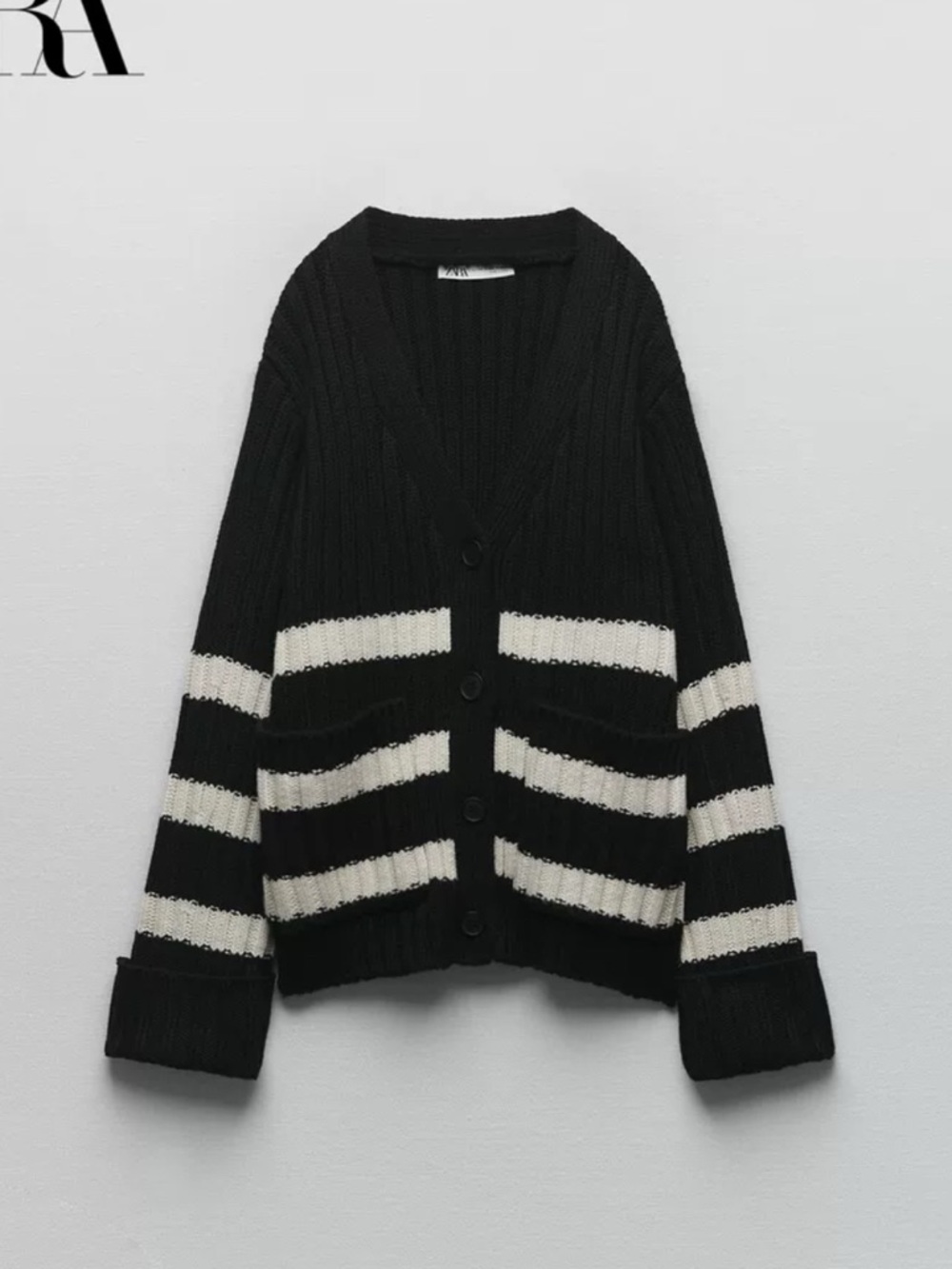 ZARA Black Cardigan with Cream Stripes